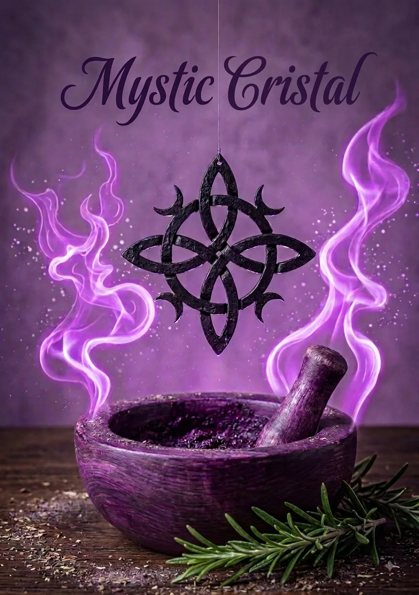 Logo Mystic Cristal : mortier, branche de romarin et fumées, emblème de la collection